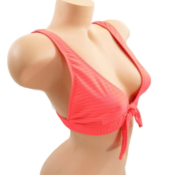 TOPSHOP Bikini Top Size 10 Womens Ribbed in Neon Pink Faux Tie Front - Picture 3 of 9